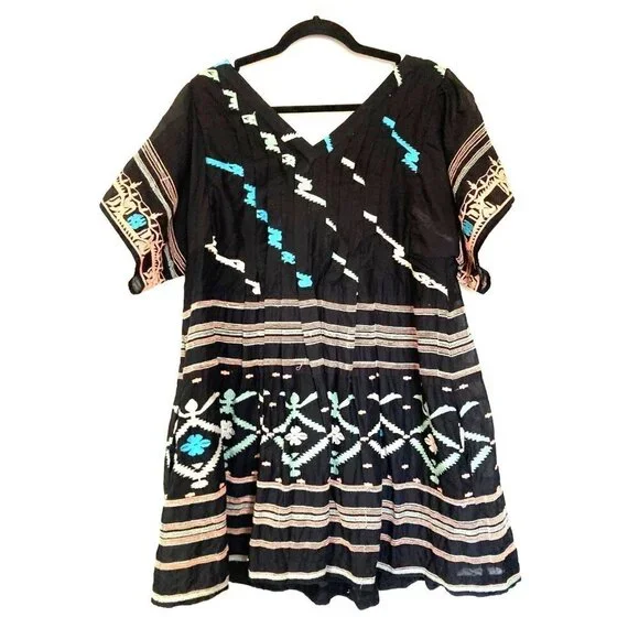 Free People New Romantics Rio Embroidered Pleated Boho Mini Dress Large - Picture 1 of 6